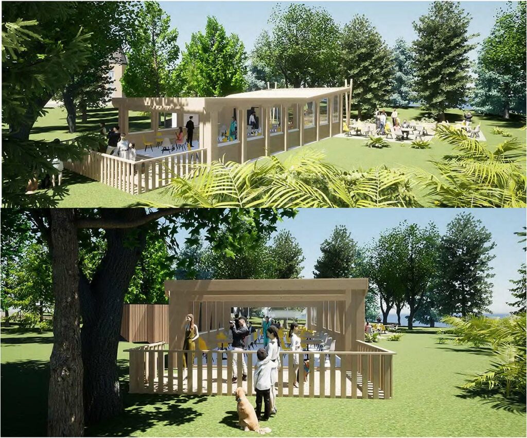 Terrasse ombragée avec vue sur l’étang du Château Le Saz